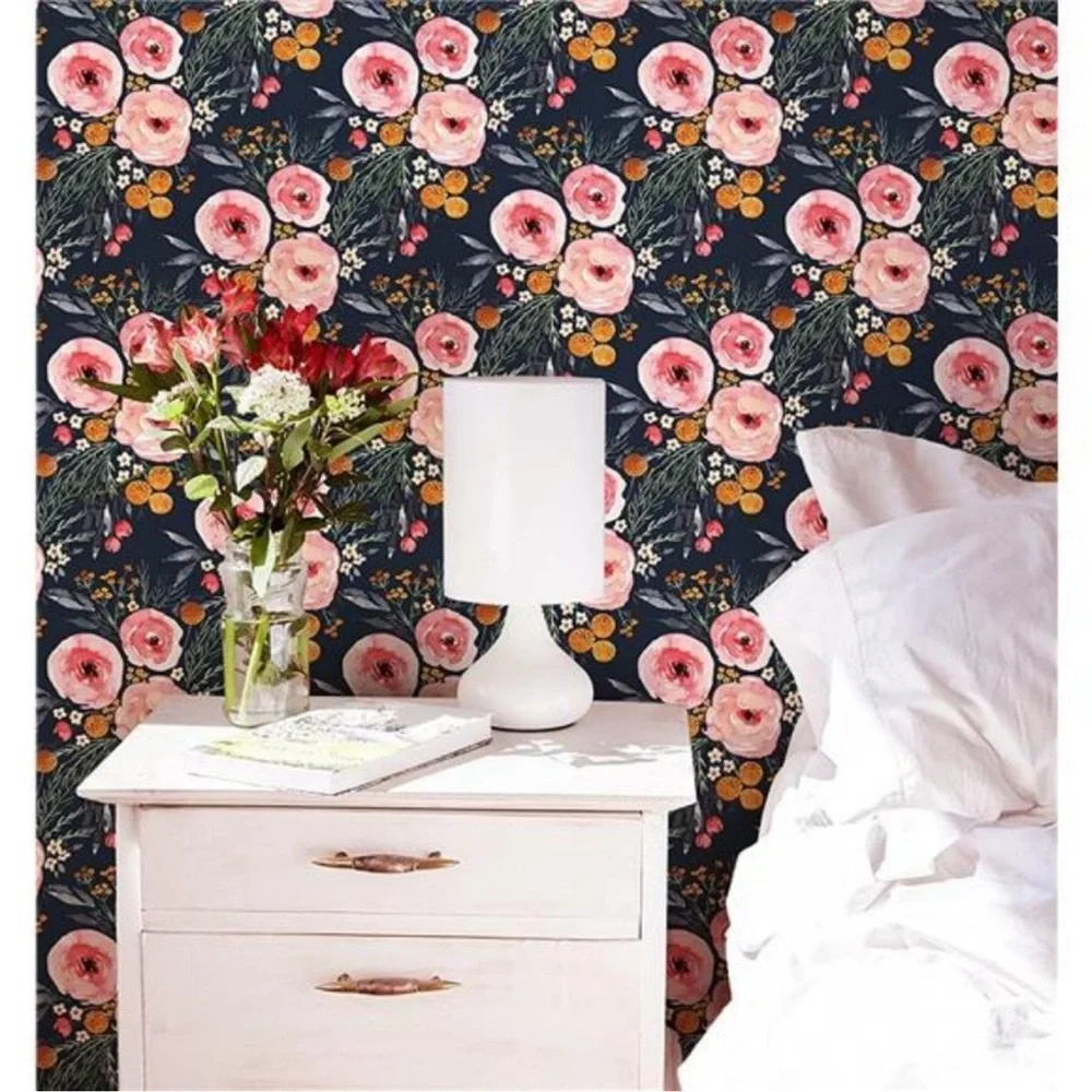 Floral Removable Wallpaper Navy Blue/Pink Contact Paper Self Adhesive15.5